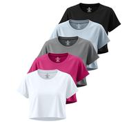 Real Essentials 5 Pack: Women's Dry Fit Crop Top - Short Sleeve Crew Neck Stretch Athletic Tee (Available in Plus Size), Set 2, XS