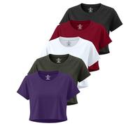 Real Essentials 5 Pack: Women's Dry Fit Crop Top - Short Sleeve Crew Neck Stretch Athletic Tee (Available in Plus Size), Set 5, M
