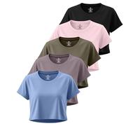 Real Essentials 5 Pack: Women's Dry Fit Crop Top - Short Sleeve Crew Neck Stretch Athletic Tee (Available in Plus Size), Set 10, S