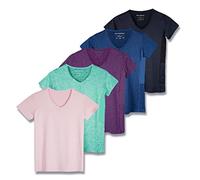 Real Essentials 5 Pack: Women's Short Sleeve V-Neck Activewear T-Shirt Dry-Fit Moisture Wicking Yoga Top (Available in Plus), Set 15, M