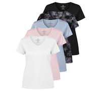 Real Essentials 5 Pack: Women's Short Sleeve V-Neck Activewear T-Shirt Dry-Fit Moisture Wicking Yoga Top (Available in Plus), Set 16, 2X