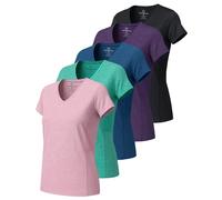Real Essentials 5 Pack: Women's Short Sleeve V-Neck Activewear T-Shirt Dry-Fit Moisture Wicking Yoga Top (Available in Plus), Set 15, M