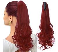 Real Fashion Claw on Clip in Ponytail Extension Long Straight to Curly Pony Tail Hair Extensions For Women 18" Dark Red
