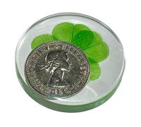 Real Four Leaf Clover Good Luck Pocket Token, Preserved, 3.2 cm, Including Sixpence coin (Queen Elizabeth II)