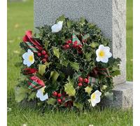 Real Fresh Holly Grave Christmas Wreath - Ideal for Graves, Memorials, Remembrance Tributes - Xmas Decorations to Last Throughout the Festive Winter Period (Tartan Ribbon, 10")