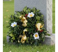 Real Fresh Holly Grave Christmas Wreath - Ideal for Graves, Memorials, Remembrance Tributes - Xmas Decorations to Last Throughout the Festive Winter Period (Gold Ribbon, 10")