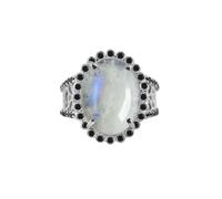 REAL-GEMS Handcrafted Oval Cut Moonstone Ring 925 Sterling Silver Women Jewelry Vintage Style Gemstone Ring with Black Accents US 10.5