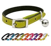 Real Genuine Leather Cat Collar with Bell & Safety Elastic - Adjustable Kitten Collar with Buckle Fastening, Soft Lightweight Leather Pet Collar for Cats & Kittens (Green)