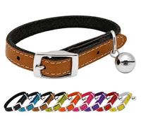 Real Genuine Leather Cat Collar with Bell & Safety Elastic - Adjustable Kitten Collar with Buckle Fastening, Soft Lightweight Leather Pet Collar for Cats & Kittens (Brown)