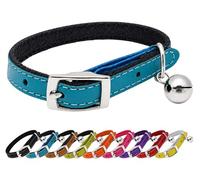 Real Genuine Leather Cat Collar with Bell & Safety Elastic - Adjustable Kitten Collar with Buckle Fastening, Soft Lightweight Leather Pet Collar for Cats & Kittens (Blue)