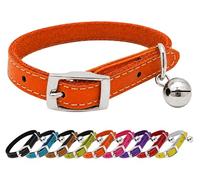 Real Genuine Leather Cat Collar with Bell & Safety Elastic - Adjustable Kitten Collar with Buckle Fastening, Soft Lightweight Leather Pet Collar for Cats & Kittens (Orange)