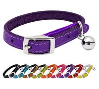 Real Genuine Leather Cat Collar with Bell & Safety Elastic - Adjustable Kitten Collar with Buckle Fastening, Soft Lightweight Leather Pet Collar for Cats & Kittens (Purple)