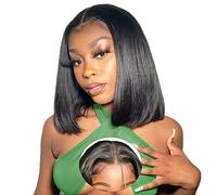 Real Hair Wig, Women's Pre Cut Lace Human Hair Wig, 180% Density, 4x4 Straight Bob Lace Front Wig, Short Black Wear And Go Glueless Wig, Human Hair for Black Women, 12 Inches (30.5 cm)