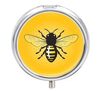 Real Honey Bee on Yellow Background Iron Pill Box Case Organizer with Internal Separate Plastic Dividers, Travel Small Medicine Bag Holder Carrier Round Container