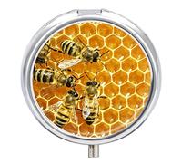 Real Honey Bee on Yellow Honeycomb Iron Pill Box Case Organizer with Internal Separate Plastic Dividers, Travel Small Medicine Bag Holder Carrier Round Container