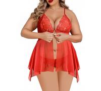 Real Intimate Plus Size Lingerie for Women Front Closure Lace Babydoll V Neck Lingerie Dress with C-string Panty 2 Piece (Red, 2XL)