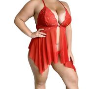 Real Intimate Women Lace Lingerie Front Closure Babydoll V Neck Lingerie Dress with C-string panty 2 Piece Plus Size (Red, 3XL)