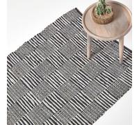 Real Leather Black & White Striped Block Check Handwoven Eco Friendly Floor Rug