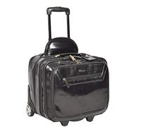 Real Leather Pilot Case Travel Laptop Bag on Wheels Telescopic Handle HOL15 (Black)