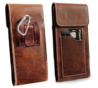 Real Leather Vertical Hip Belt Bag Suitable for Doogee Fire 3 Pro, Belt Bag with Snap Hook, Clip and Loop, Side Horizontal Protective Case, Leather Case, XL Brown