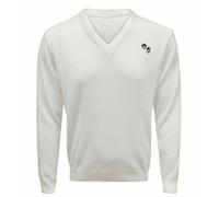 REAL LIFE FASHION LTD Adult Plain White Long Sleeve Knitted 10G Sweater Top Mens V Neck Bowling Jumper#(White Long Sleeve Knitted Bowling 10G Sweater#X-Large#Mens)