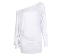 REAL LIFE FASHION LTD Ladies Batwing Long Sleeves Off Shoulder Top Baggy Shirt Women Plain and Printed Batwing Top Casual Wear Winter Warm Fancy Party Top UK Plus Sizes 8 to 26 White