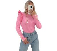 REAL LIFE FASHION LTD Ladies Knitted Gold Buttons Frill Puff Long Sleeve Shirt Tops Women’s Ribbed Knitted Frill Moch Neck OL Work Slim Pullover Plus Size Jumper (Pink, UK S/M)