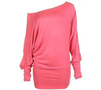 REAL LIFE FASHION LTD Ladies Long Batwing Sleeve Top Off Shoulder Tunic Shirt Womens Casual Wear Loose Fit Slash Neck Baggy Jumper Top Coral UK 16-18