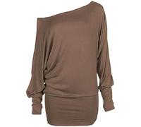 REAL LIFE FASHION LTD Womens Batwing Long Sleeve Off Shoulder Top Baggy Shirt Ladies Winter Wear Loose Fit Casual Jumper Top Mocha UK 12-14