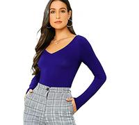 REAL LIFE FASHION LTD Ladies Long Sleeve Basic Tee Top Women V Neck Classic Shirt Office Formal Blouse Top Casual Wear Fancy Party Stretchy Top Plain Slim Fit Tunic Top UK Size 8-26 Royal Blue