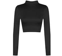 REAL LIFE FASHION LTD Womens Polo Neck Cropped Top Ladies Long Sleeve Turtle Neck Slim Fit Plain Crop Top Basic Shirt Top Casual Summer Wear Fancy Party Beach Wear Cropped Top Plus Size 8-14 Black