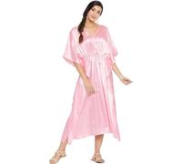 REAL LIFE FASHION LTD Womens Silk Long Maxi Plain Nightwear Dress Ladies Kimono Sleeve Long Nightdress Silk Satin Kaftan with Drawstring Night Maxi Caftan Plus Sizes UK 8 To 22 Baby Pink