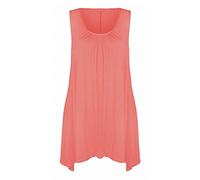 REAL LIFE FASHION LTD Ladies Sleeveless Hanky Hem Top Women Plain Gathered Top Scoop Neck Tunic Shirt Flared Vest Top Coral