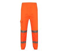 REAL LIFE FASHION LTD Mens Fleece Lined Hi Vis Reflective Tape Trousers Unisex Elasticated Waist Work Pants Adults Hi Viz Work Two Tone Trousers Winter Work Utility Trousers (Orange Large)