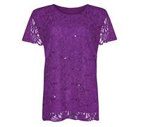 REAL LIFE FASHION LTD Women’s Lace Sequin Lined T-Shirt Ladies Elegant Floral Pattern Blouse Top Stylish Short Sleeve Casual Party Wear, Comfortable Lined Design Shirt UK Plus Sizes 12-26 Purple