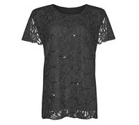 REAL LIFE FASHION LTD Women’s Lace Sequin Lined T-Shirt Ladies Elegant Floral Pattern Blouse Top Stylish Short Sleeve Casual Party Wear, Comfortable Lined Design Shirt UK Plus Sizes 12-26 Black