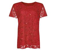 REAL LIFE FASHION LTD Women’s Lace Sequin Lined T-Shirt Ladies Elegant Floral Pattern Blouse Top Stylish Short Sleeve Casual Party Wear, Comfortable Lined Design Shirt UK Plus Sizes 12-26 Red