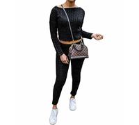 REAL LIFE FASHION LTD Womens Activewear Cable Knitted Tracksuit Chunky Knit 2pcs Gym Suit Ladies Winter Wear Crop Top Joggers Set Black UK 12-14