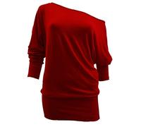REAL LIFE FASHION LTD Women's Batwing Long Sleeve Off Shoulder Top Baggy Shirt Jumper Ladies Plain and Printed Batwing Top Casual Winter Wear Loose Off Shoulder Neck Fit Jumper Tops UK 8 to 26 Red