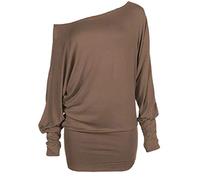 REAL LIFE FASHION LTD Women's Batwing Long Sleeve Off Shoulder Top Baggy Shirt Jumper Ladies Plain and Printed Batwing Top Casual Winter Wear Loose Off Shoulder Neck Fit Jumper Tops UK 8 to 26 Mocha