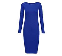 Real Life Fashion LTD Womens Celebrity Inspired Long Sleeve Bodycon Midi Calf Length Dress Ladies Plain Solid Color Casual Wear Midi Top Round Neck Fancy Party Dress Royal Blue