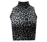 REAL LIFE FASHION LTD Womens Crop Top#(Grey Leopard Print Sleeveless Polo Neck Mini Crop Top#UK 8-10#Womens)