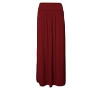 REAL LIFE FASHION LTD Womens Gypsy Jersey Fold Over Long Skirt Ladies High Waist Pleated Maxi Skirt#(Wine Plain Skirt#UK 20-22#Womens)