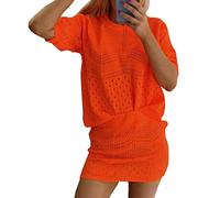 REAL LIFE FASHION LTD Ladies Knitted Crochet Sweater Dress 2Pcs Co-Ord Set Crop Top Women’s Short Sleeve Jumper Summer Party Festival Crochet Round Neck Skirt and Dress Set (Neon Orange, UK M/L)