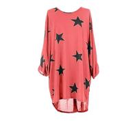 REAL LIFE FASHION LTD Womens Long Sleeve Round Neck Batwing Top Ladies Star Printed Baggy Tunic Back Dress Top Long Shirt Casual Wear Fancy Party Shirt Xmas Star Shirt Plus Sizes 8-26 Coral