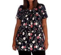 REAL LIFE FASHION LTD Ladies Short Sleeve Printed A Line Tunic Plus Size Shirt Womens Summer Wear Round Neck Smock Dress Top Black Multi Floral UK 22-24
