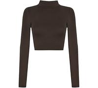 REAL LIFE FASHION LTD Womens Polo Neck Cropped Top Ladies Long Sleeve Turtle Neck Slim Fit Plain Crop Top Basic Shirt Top Casual Summer Wear Fancy Party Beach Wear Cropped Top Plus Size 8-14 Brown