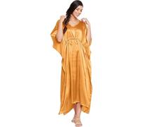 REAL LIFE FASHION LTD Womens Silk Long Maxi Plain Nightwear Dress Ladies Kimono Sleeve Long Nightdress Silk Satin Kaftan with Drawstring Night Maxi Caftan Plus Sizes UK 8 To 22 Orange