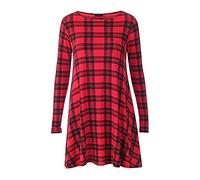 REAL LIFE FASHION LTD Womens Swing Dress#(Red Tartan Print Long Sleeves Round Neck Plain Midi Swing Dress#UK 12-14#Womens)