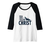 Real Men Follow Christ Mountain Faith Inspiration Raglan Baseball Tee, Women, Black/White, S